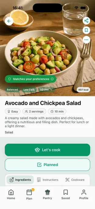 Detalle de una receta de Clean Dish con la indicación Se ajusta a tus preferencias, mostrado en inglés