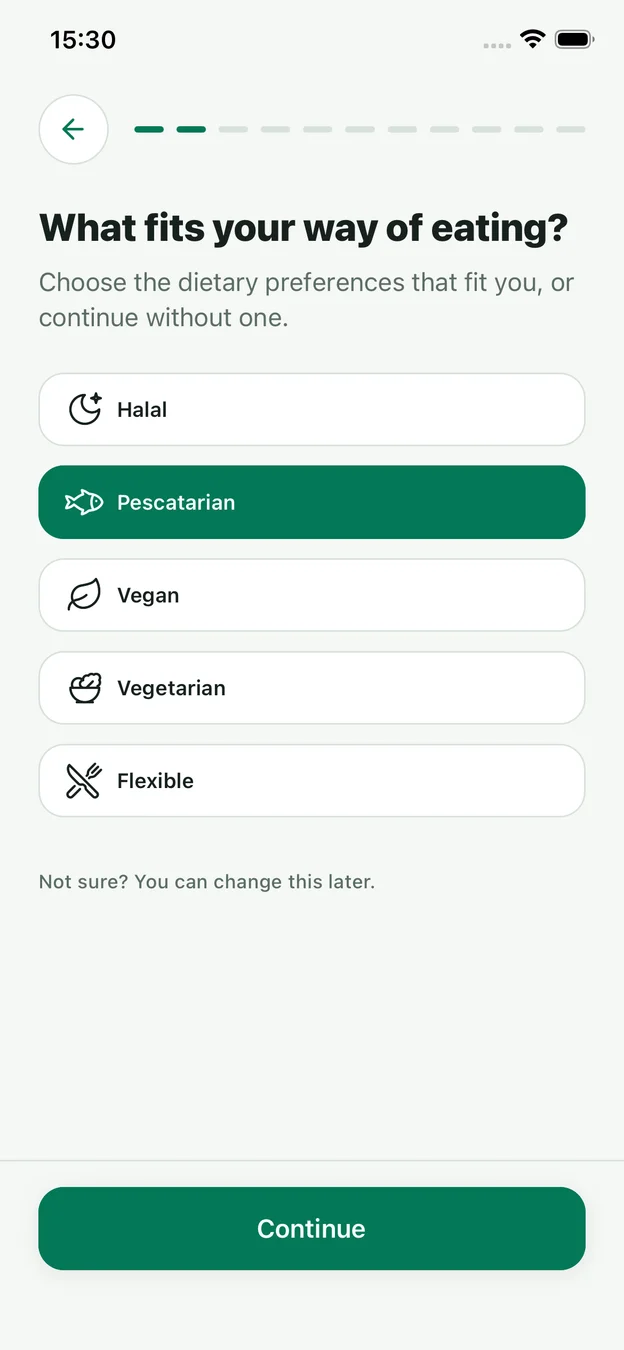 Pantalla de preferencias alimentarias de Clean Dish con la opción pescetariana seleccionada, mostrada en inglés