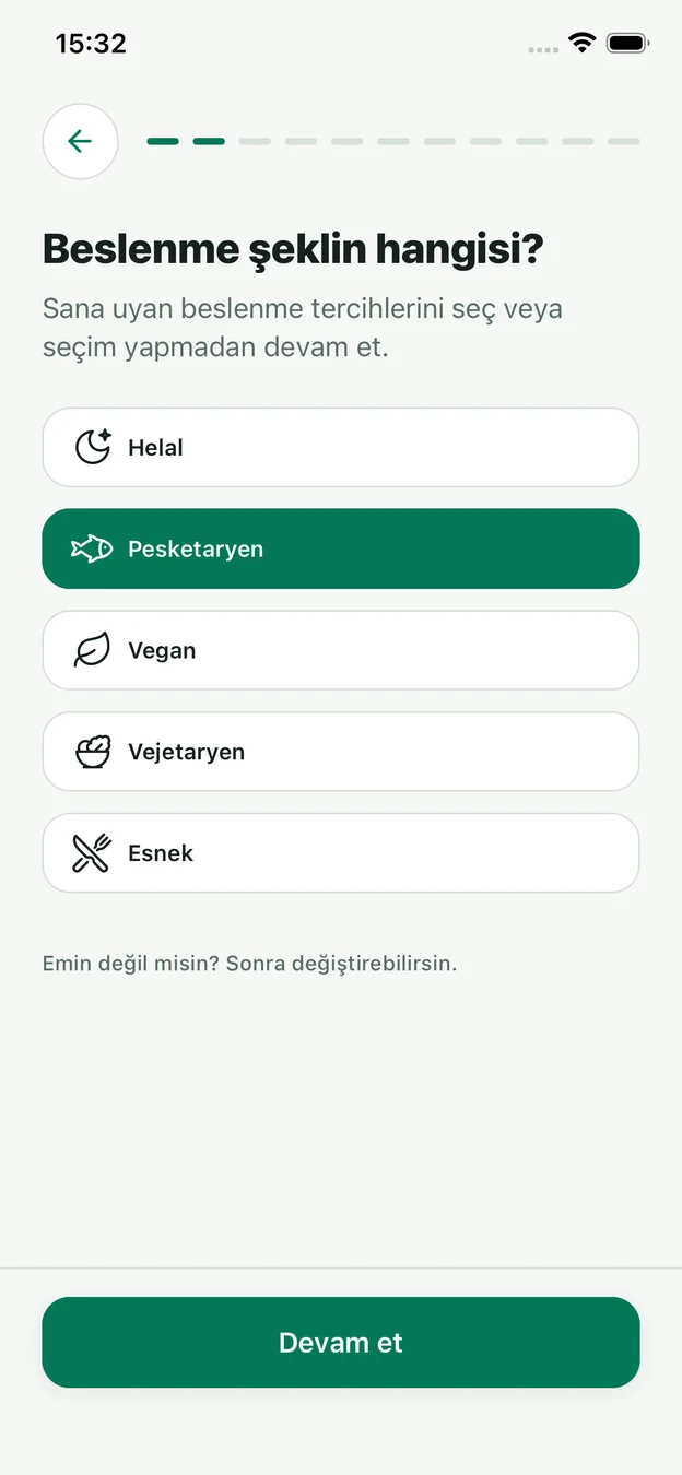 Pesketaryen seçili Clean Dish beslenme tercihleri ekranı