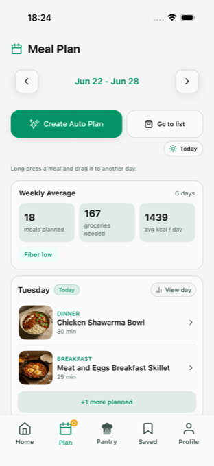 Wochenplan in der Clean Dish App