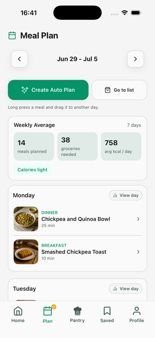 Clean Dish English generated meal plan screen