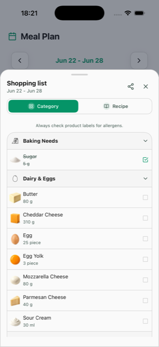 Nach Kategorien sortierte Einkaufsliste in der Clean Dish App